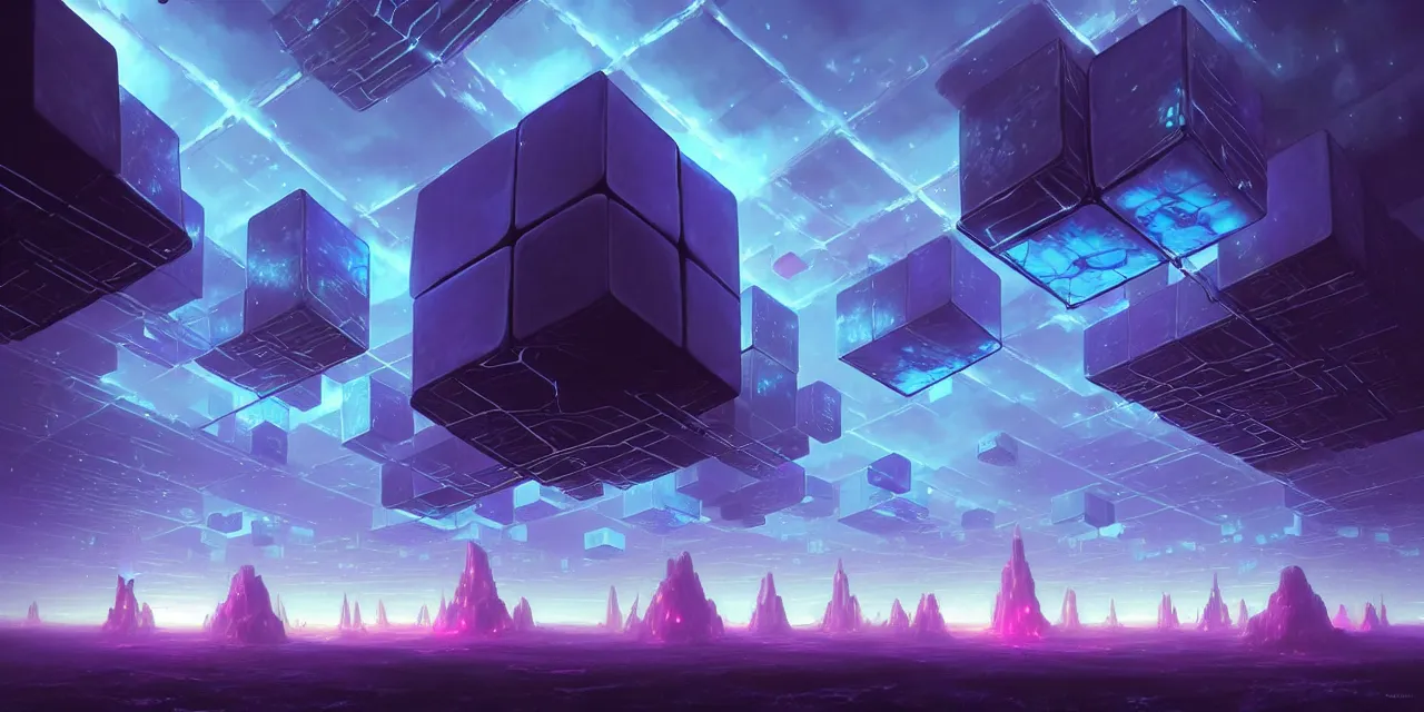 Prompt: a fleet of giant glowing futuristic cubes tied to each other with lots of glowing chains in the sky, thick glowing chains, light rays bouncing between cubes, a fantasy magical cyberpunk landscape seen in the distance, atmospheric lighting, intricate, volumetric lighting, beautiful, sharp focus, ultra detailed, in the art style of marc simonetti and lee madgwick, astrophotography