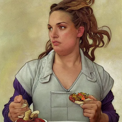 Image similar to epic portrait an muscular waitress wearing short sleeved uniform and carrying food, goddess, detailed, centered, digital painting, artstation, concept art, donato giancola, Dante Gabriel Rossetti, alphonse mucha, Joseph Christian Leyendecker, WLOP, Boris Vallejo, Annie Leibovitz and Steve McCurry, David Lazar, Jimmy Nelsson, Breathtaking, 8k resolution, extremely detailed, beautiful, establishing shot, artistic, hyperrealistic, beautiful face, octane render