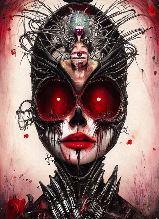 Prompt: queen of hearts, alien, skull, highly detailed, cinematic, 8 k, by megan duncanson, benjamin lacombe, adrian borda, stanley artgermm, tom bagshaw, craig mullins, carne griffiths, ayami kojima, beksinski, giger, trending on deviantart, hyper detailed, horror, full of colour