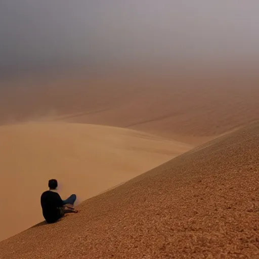 Image similar to man sitting on top peak mountain looking at huge vast sandstorm dust tornado desert