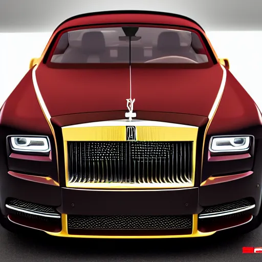 Prompt: 3 d octane render, super detailed, ray tracing, high quality, super realistic, futuristic red black and gold rolls royce. front view. aspect ratio 1 6 : 9