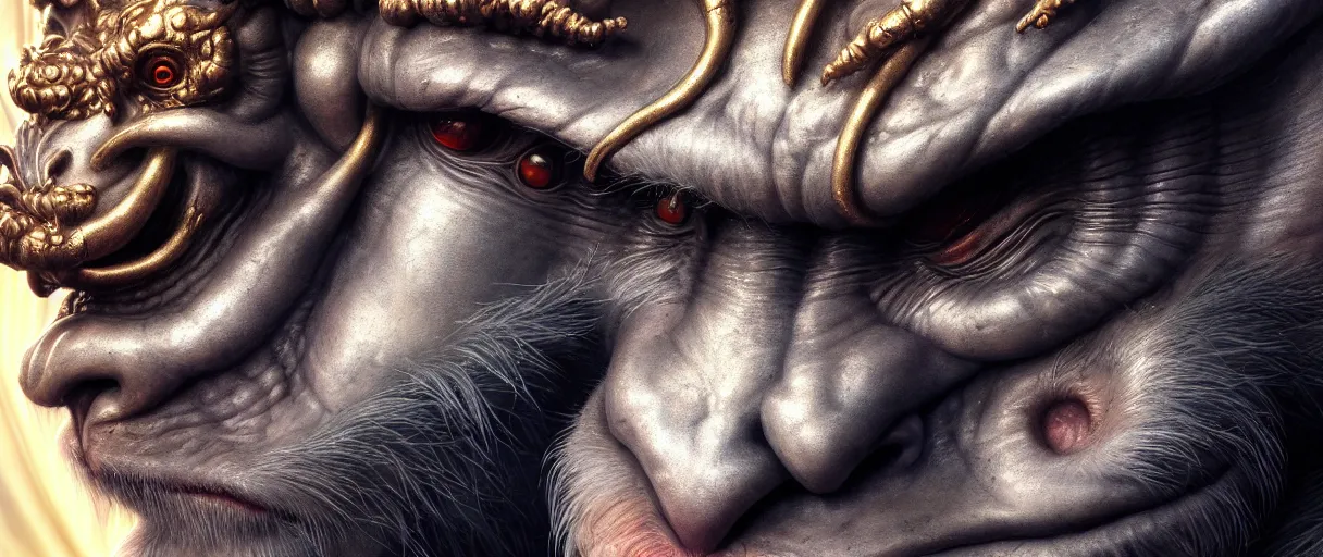 Prompt: hyperrealistic highly detailed close-up portrait of a rococo sun wukong with iridescent armor sharp concept art wayne barlowe cinematic lighting 8k low angle shallow depth of field