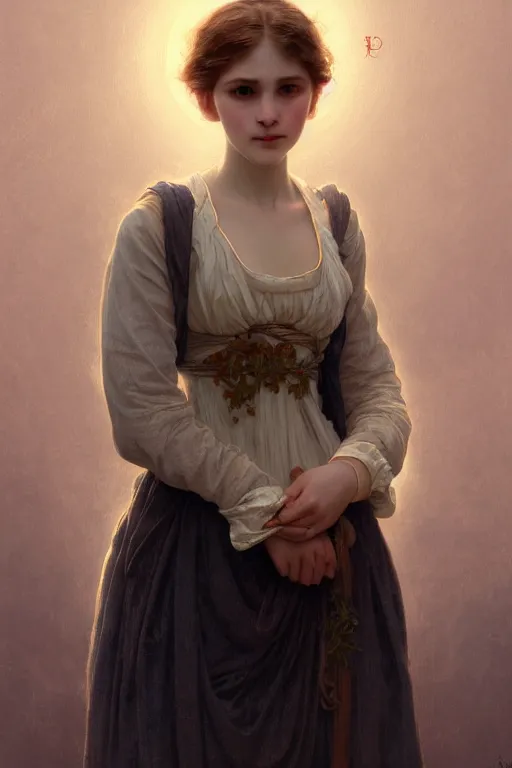 Image similar to Portrait of beautiful pale peasant girl, cinematic lighting, intricate, elegant, highly detailed, digital painting, artstation, smooth, sharp focus, illustration, art by artgerm and greg rutkowski and alphonse mucha and Wayne Barlowe and william-adolphe bouguereau