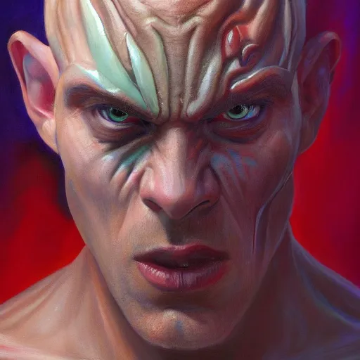 Prompt: realistic portrait painting of young man with nine mouth as skrull from mcu, made by michaelangelo, physical painting, sharp focus, digital art, bright colors, fine art, trending on artstation, unreal engine.