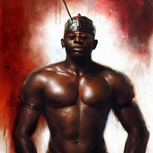 Prompt: african warrior, paint by Raymond Swanland