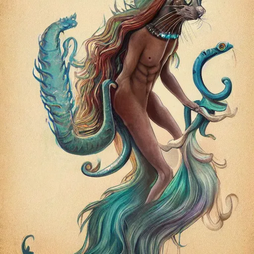 Prompt: cat seahorse merman shapeshifter, long-haired humanoid fursona by Peter Mohrbacher and Louis Wain, furaffinity, trending on artstation