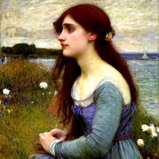 Image similar to lady of shallot by john william waterhouse, rosetti, monet, william holman hunt, 8 k