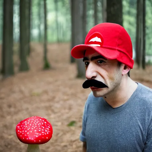 Image similar to italian man with a mustache dressed as mario wearing a solid red mario hat drooling, eyes rolled back, looking at red mushroom with white spots, in a forest 50mm lens, f1.8.