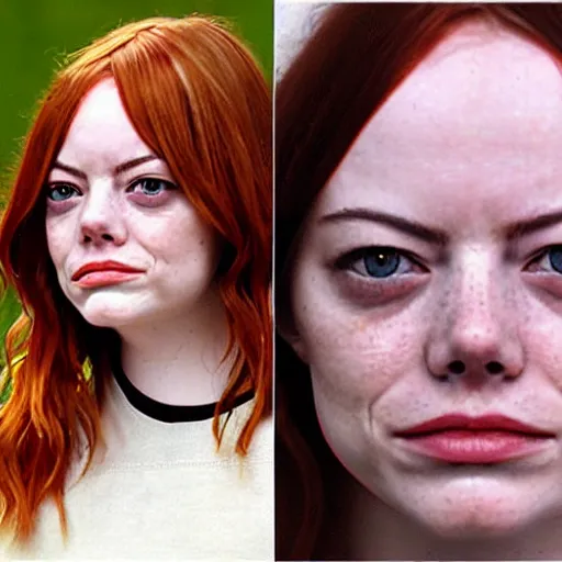 Image similar to Emma Stone homeless mugshot portrait. Faces of Meth.