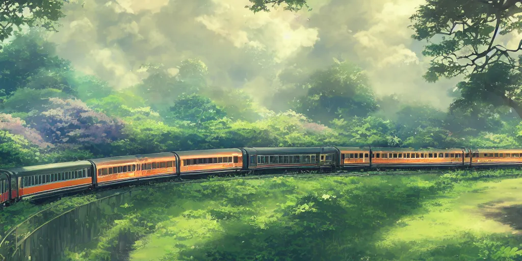 Image similar to A beautiful illustration of beautiful Hogwarts train, leaves, trees, steam, wide angle, by makoto shinkai, Wu daozi, very detailed, deviantart, 8k, wallpaper, tropical, colorful, airy, anime illustration, anime nature wallpap