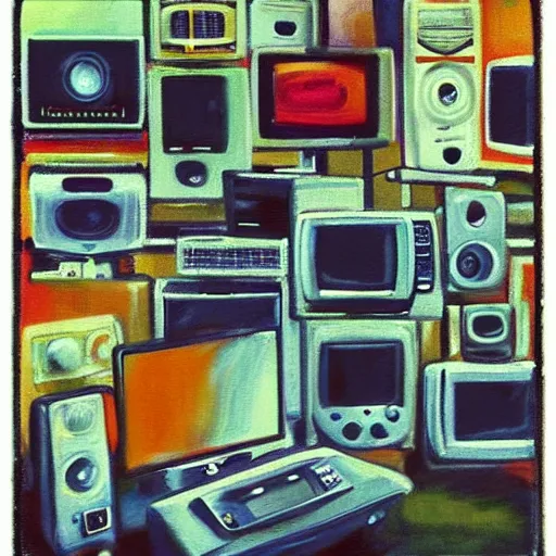 Image similar to array of crt televisions, tv static, antenna, stacked, polaroid, steroids, adult video store, impressionist painting, painting, oil painting, cell shaded, fuzz