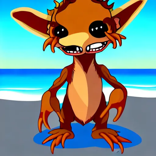 Image similar to Cute Kobold wearing caveman clothes at a beach, digital art