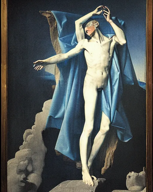 Prompt: david bowie as a diety levitating anmd surrounded by transcendental light by jean auguste dominique ingres, labyrinthine, sacred, mystical