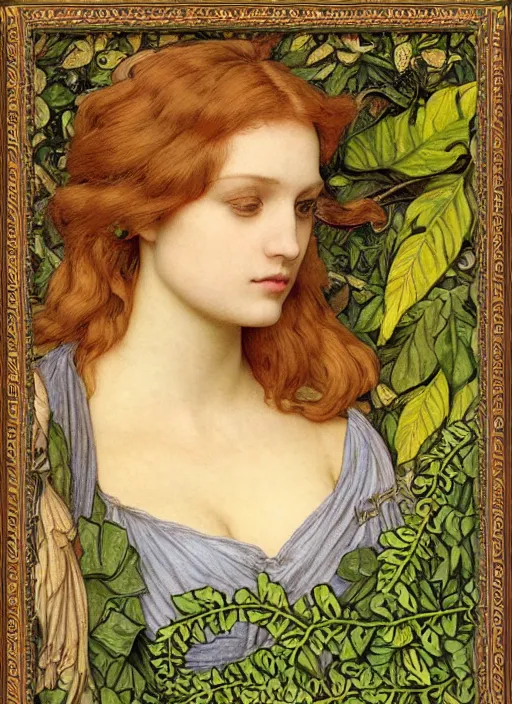 Prompt: masterpiece beautiful seductive flowing curves preraphaelite face portrait amongst leaves, extreme close up shot, straight bangs, thick set features, yellow ochre ornate medieval dress, laying amongst foliage mushroom forest circle arch, frederic leighton and kilian eng and rosetti and preraphaelites, william morris, framed, 4 k
