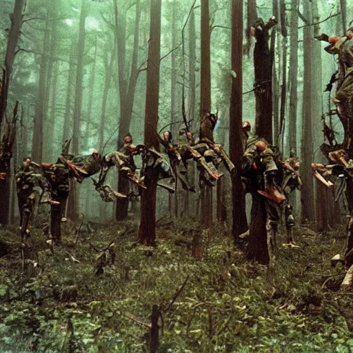 Image similar to wide shot, a squad of dead American Soldiers hung mid-air on trees, deep in the thick forest, painting, colored, eerie, Lovecraftian, eldritch horror, 1967