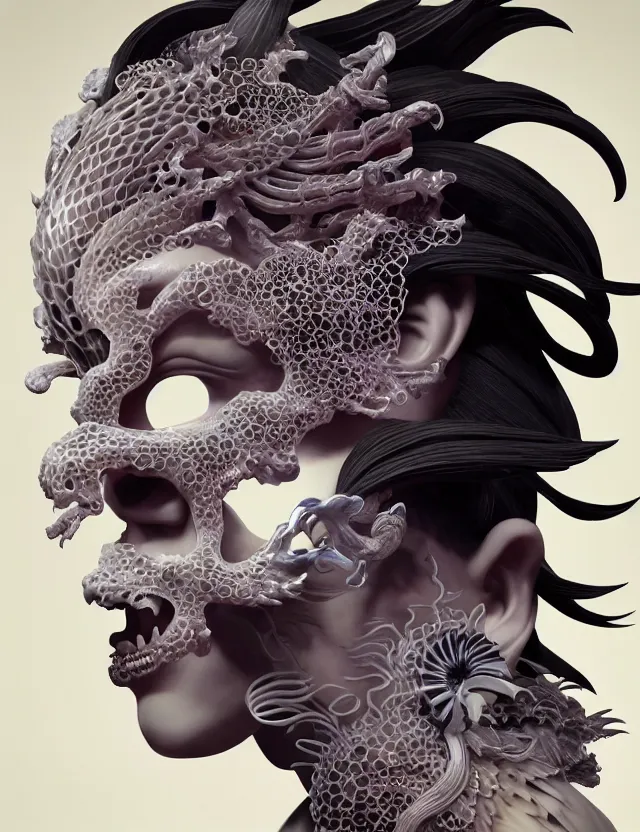 Image similar to 3 d goddess of hell close - up profile portrait with ram skull. beautiful intricately detailed japanese crow kitsune mask and clasical japanese kimono. betta fish, jellyfish phoenix, bio luminescent, plasma, ice, water, wind, creature, artwork by tooth wu and wlop and beeple and greg rutkowski