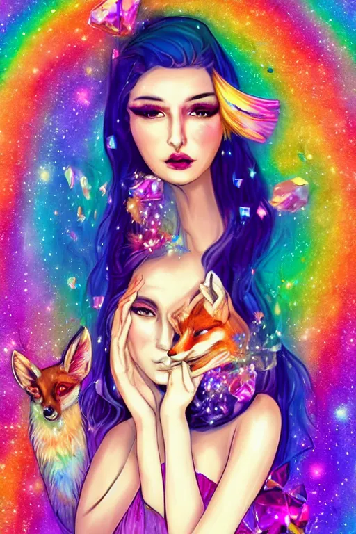 Prompt: psychedelic, digital painting, 4k, illustration, beautiful seductive woman with fox ears smoking weed, with professional makeup, long trippy hair, a crystal and flower dress, sitting on bed of crystals, surrounded by gems, underneath the stars, rainbow fireflies, trending on patreon, deviantart, twitter, artstation, volumetric lighting, heavy contrast, art style of artgerm and Greg Rutkowski and alphonse mucha
