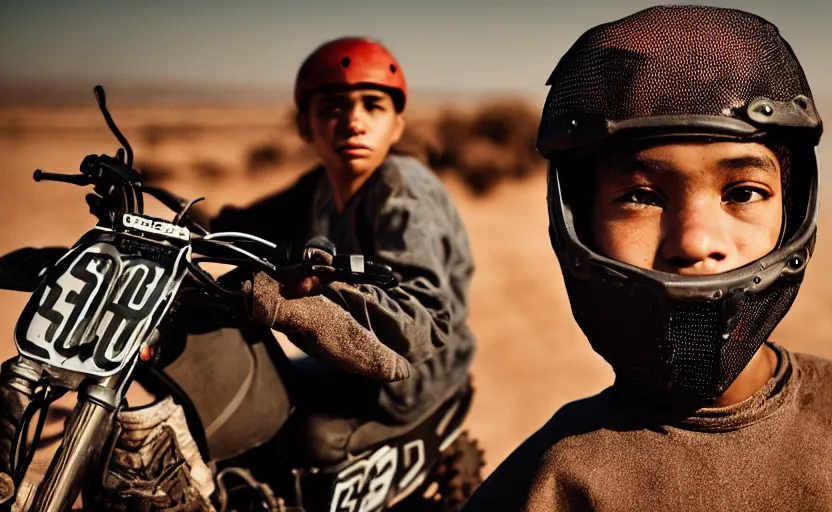 Image similar to cinestill 5 0 d candid photographic portrait by helen levitt of a mixed teen wearing rugged black mesh techwear on a dirtbike through a desolate plain, extreme closeup, modern cyberpunk moody emotional cinematic, dust storm, 8 k, hd, high resolution, 3 5 mm, f / 3 2, ultra realistic faces, ex machina