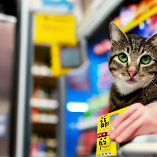 Prompt: Cat employee working in convenience store, high detail