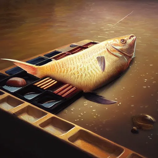 Image similar to a fish laying on top of a chocolate bar. soft, atmospheric, warm lighting. highly detailed digital painting by mandy jurgens.