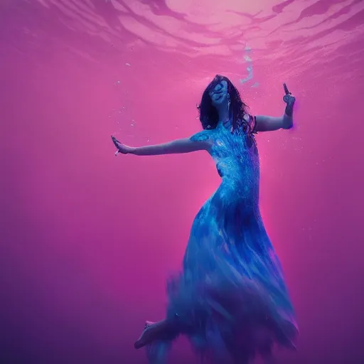 Image similar to woman dancing underwater wearing a flowing dress made of blue, magenta, and yellow seaweed, delicate coral sea bottom, swirling silver fish, swirling smoke shapes, octane render, caustics lighting from above, cinematic, hyperdetailed