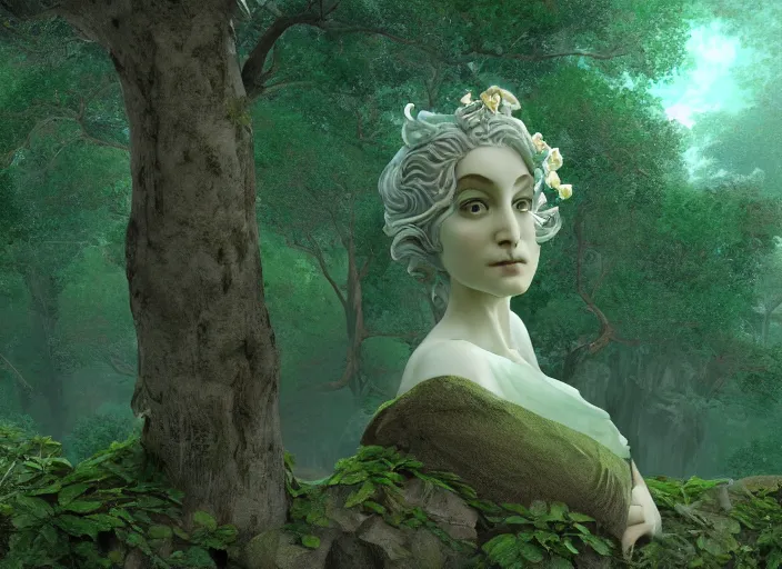 Image similar to a portrait of idealistic marble statue with fractal flowery hair and fair porcelain face and green eyes, in a magical forest, painted by, mc escher, gordon onslow ford, georgia o'keeffe and ivan aivazovsky, cinematic light, god rays, colourful, unreal engine, zbrush central,