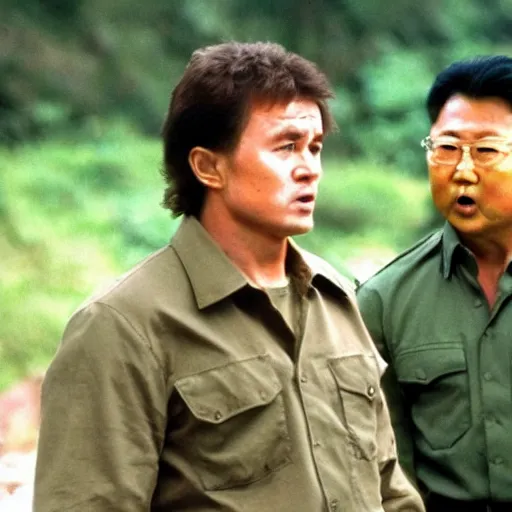 Image similar to a still of Rambo First blood with Kim Jong-il on the role of John Rambo