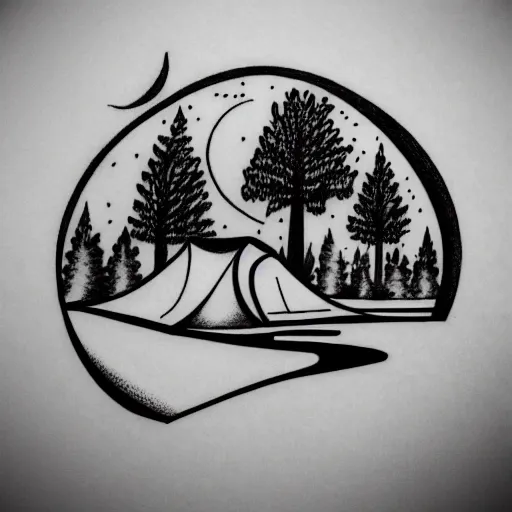 Image similar to simple line art tattoo design of a campsite, tent, trees, moon, fire, zaya, mük Jung