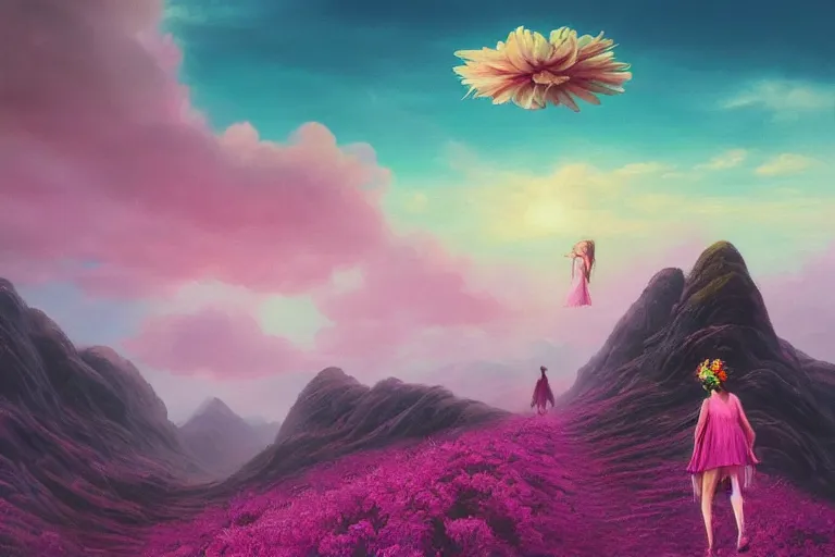 Image similar to giant dahlia flower crown under head, girl walking on dramatic mountain, surreal photography, pink storm clouds, sunset, impressionist painting, digital painting, artstation, simon stalenhag