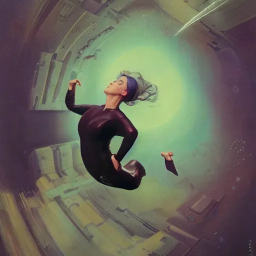 Image similar to woman in flight suit plunging into an abyss, bubbles, currents, dyson sphere, wet reflections, prism, atmospheric, ambient, pj crook, syd mead, livia prima, artgerm, greg rutkowski, nick alm, casey baugh