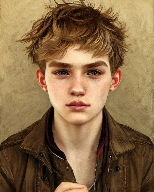 Prompt: portrait of 1 5 - year - old boy with blonde hair, round - face, with long toothed,, hyper realistic face, beautiful eyes, close up, fantasy art, in the style of greg rutkowski, intricate, alphonse mucha, hyper detailed, smooth