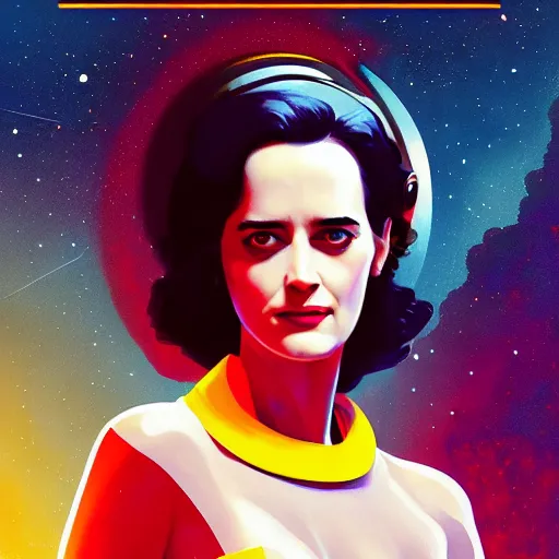 Image similar to Eva Green as a stunning , beautiful retro SCI-FI space heroine 1985 , movie poster, intricate, elegant, highly detailed, centered, digital painting, trending on artstation, concept art, smooth, sharp focus, illustration, art by raphael lacoste ,eddie mendoza ,alex ross, WLOP