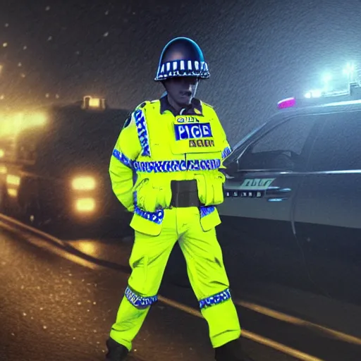 Image similar to A British police officer wearing hivis, highly detailed, ambient lighting, trending on art station