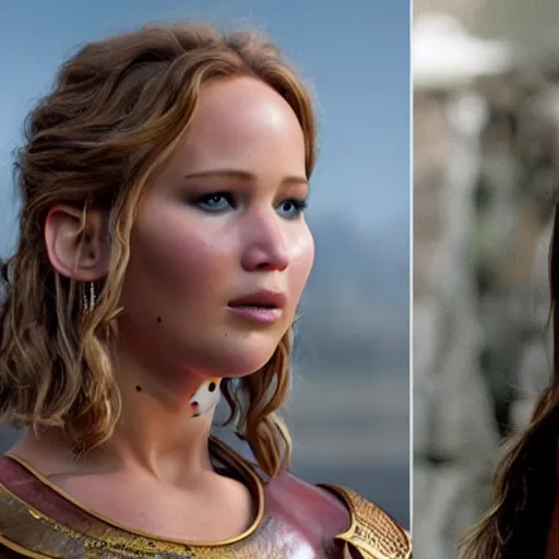 Image similar to first photos of 2 0 2 4 female 3 0 0 remake - jennifer lawrence as leonidas, put on 1 0 0 pounds of muscle, steroids, hgh, ( eos 5 ds r, iso 1 0 0, f / 8, 1 / 1 2 5, 8 4 mm, postprocessed, crisp face, facial features )