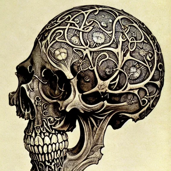 Prompt: memento mori by arthur rackham, art forms of nature by ernst haeckel, exquisitely detailed, art nouveau, gothic, ornately carved beautiful skull dominant, intricately carved antique bone, art nouveau botanicals, ornamental bone carvings, art forms of nature by ernst haeckel, horizontal symmetry, arthur rackham, ernst haeckel, symbolist, visionary