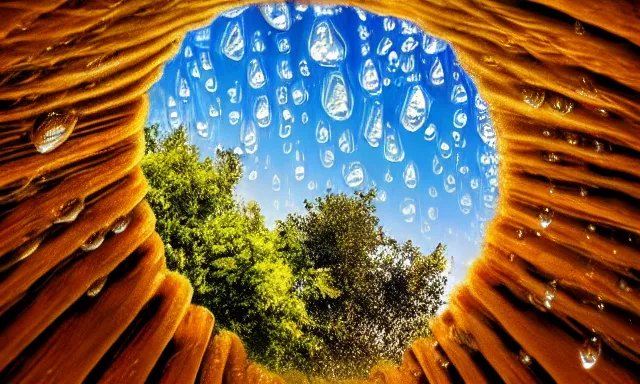Prompt: beautiful picture of a sunny blue sky with a magical vertical cylindrical tunnel of big upside-down raindrops floating quietly, highly-detailed, fantastic, dramatic lighting, artstation, 4k