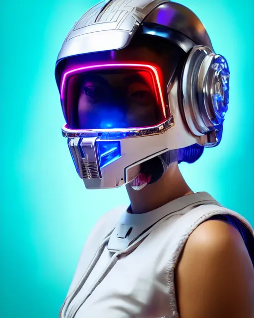 Image similar to centered medium shot fine studio photograph of a young woman wearing only a synthwave mecha Mayan helmet with bright lights, ultra-realistic, white background, 8k HDR, intricate