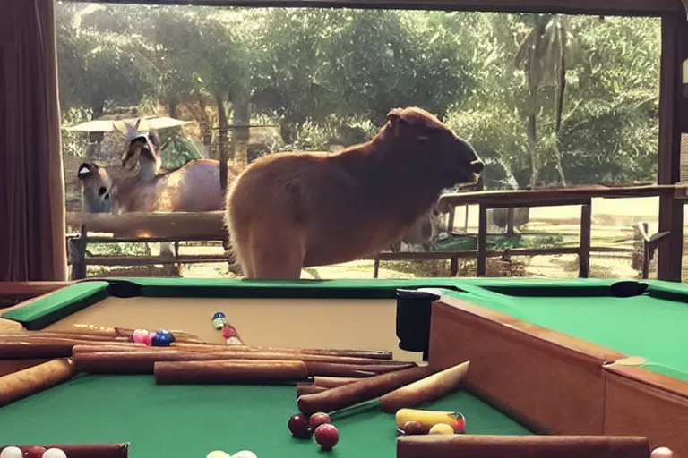 Image similar to capybaras sitting at pool table contemplating life and smoking cigars