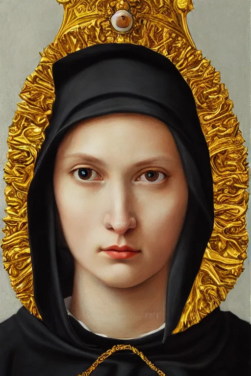 Prompt: hyperrealism close-up portrait of young beautiful nun with hyper detailed golden crown and shadow of cross on face , dark background, in style of classicism