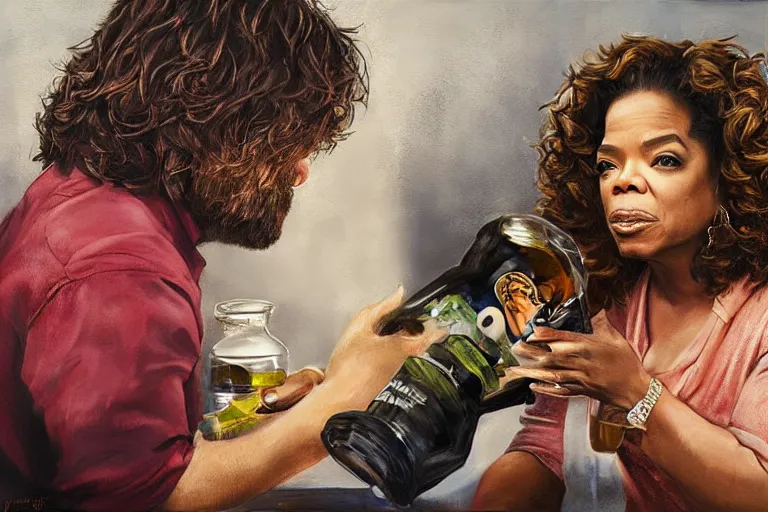 Image similar to portrait of oprah winfrey feeding peter dinklage a bottle, an oil painting by ross tran and thomas kincade