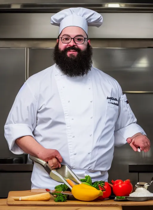 Prompt: portrait photo still of real life school chef jerome mcelroy fat bearded with chef hat in school cafeteria holding a ladel, 8 k, 8 5 mm, f. 1 4