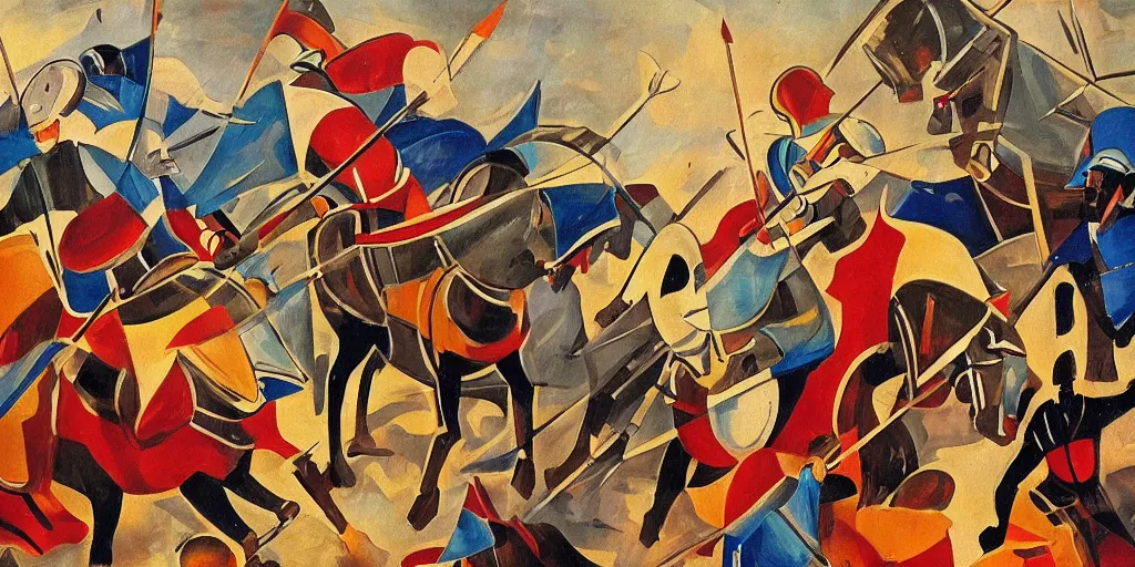 Image similar to futurism style painting of medieval knights jousting