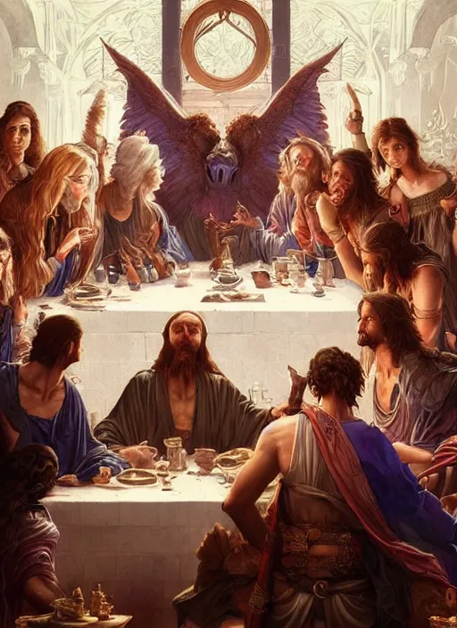 Prompt: the last supper beautiful painting by mark brooks and greg rutkowski and evelyn de morgan, highly detailed, illustration, epic, fantasy, intricate, hyper detailed, artstation, concept art, smooth, sharp focus, ray tracing