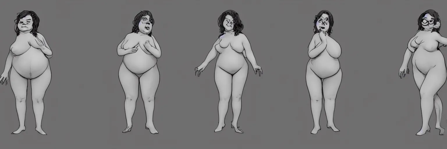 Image similar to female character study of bill hicks, fat woman, smoking, clear faces, emotional, character sheet, fine details, concept design, contrast, kim jung gi, pixar and da vinci, trending on artstation, 8 k, full body and head, turnaround, front view, back view, ultra wide angle