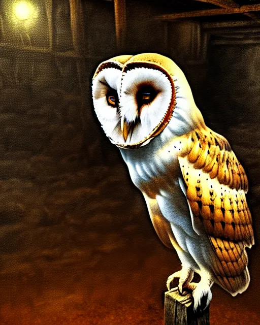 Prompt: an extremely detailed masterpiece surreal painting of a barn owl in the barn, in the style of brian froud, brian despain, brian bolland, digital art, unreal engine, volumetric lighting, dark moody lighting, post apocalyptic, 4 k