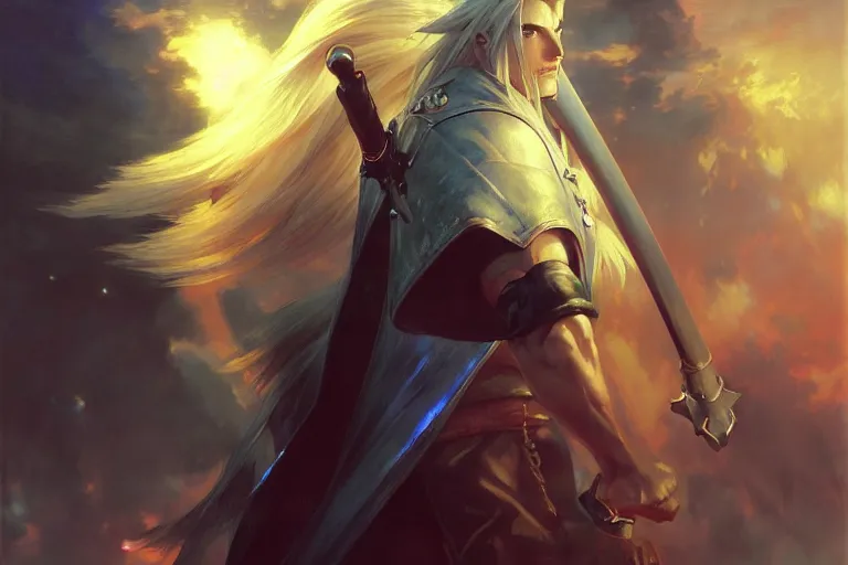 Image similar to ff 7 sephiroth, ( netease ), night, brilliant colors and hard shadows and strong rim light, colorful, night sky, cool white color temperature, blue hue, cool tones, painting by gaston bussiere, craig mullins, j. c. leyendecker