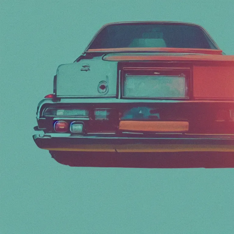 Prompt: 1 9 7 0 s car with exposed circuit boardy, silhouettes in field behind, film photo, soft lighting album cover, nostalgia, turquoise gradient