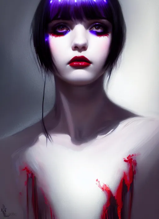 Image similar to portrait of teenage girl, red irises, red eyes, black hair, white bangs, purple lipstick, white bangs, bangs, black hair and white bangs, intricate, elegant, glowing lights, highly detailed, digital painting, artstation, concept art, smooth, sharp focus, illustration, art by wlop, mars ravelo and greg rutkowski