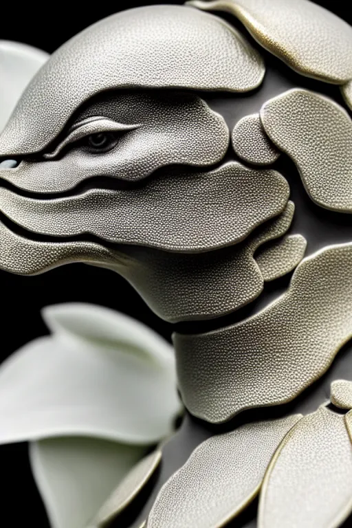 Prompt: monochrome close - up profile face, black background, beautiful porcelain vegetal - dragon - cyborg - female, beautiful natural soft rim light, silver gold details, magnolia leaves and stems, roots, mandelbot fractal, elegant, hyper real, ultra detailed, white metallic armour