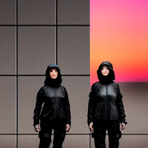 Image similar to photographic portrait of 2 techwear women in front of a brutalist metal building, on a desolate plain, red sky, sigma 8 5 mm f / 1. 4, 4 k, depth of field, high resolution, octane render 4 k, 8 k, hd, full color, trending on artstation
